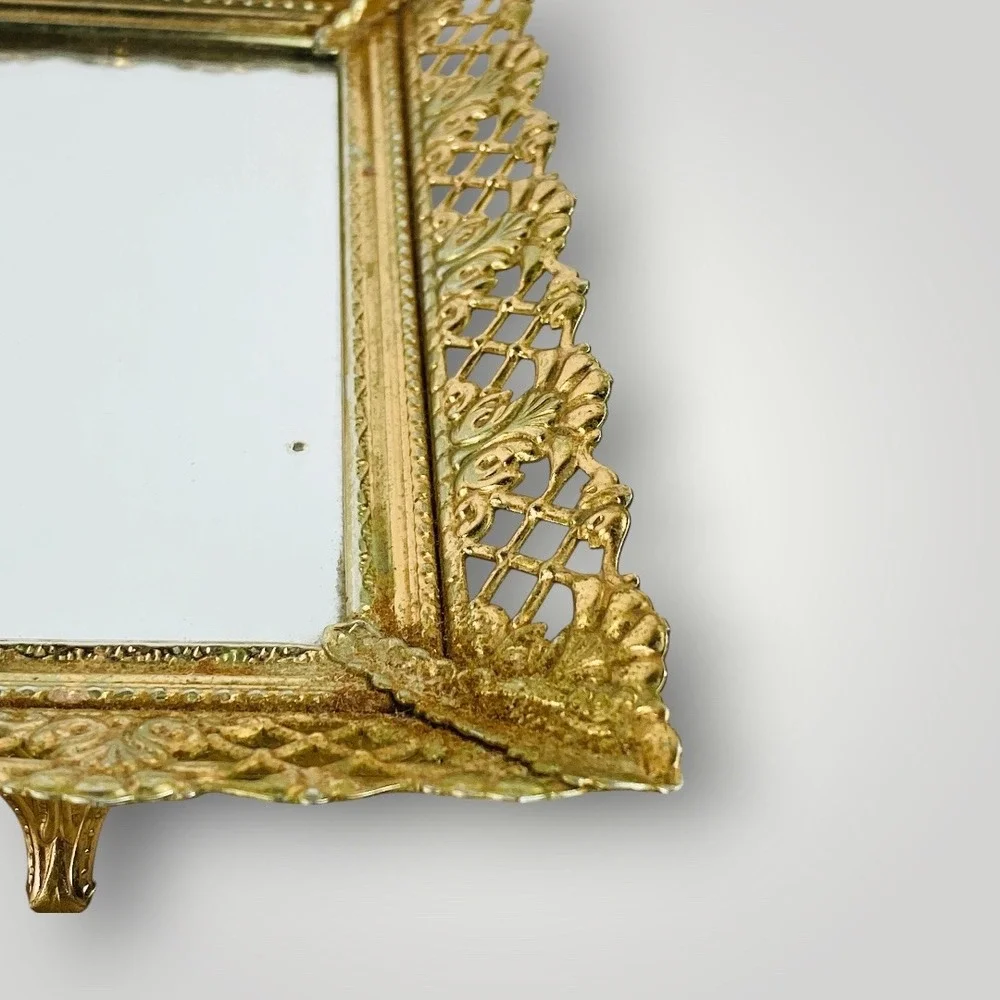 Gold Filigree Mirrored Vanity Tray Footed Hollywood Regency 1960s